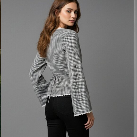 Shepherd Check Lace Cap Sleeve Single Button Blouse - Picture 5 of 8